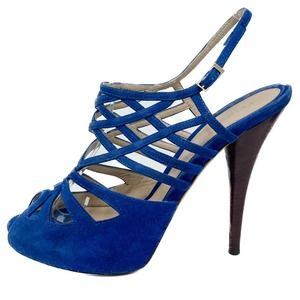 Fendi Royal Blue Suede Strappy Sling Back High Heel Platform Sandals size 39.5